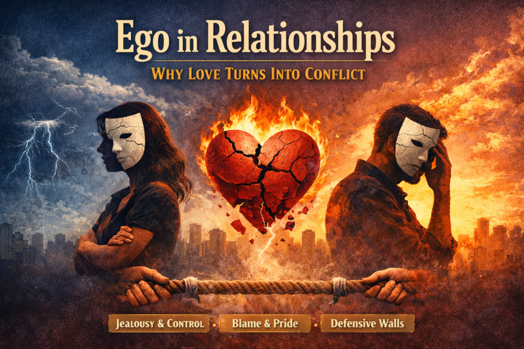 Illustration representing ego in relationships with couple wearing cracked masks and broken heart symbolizing conflict and emotional distance