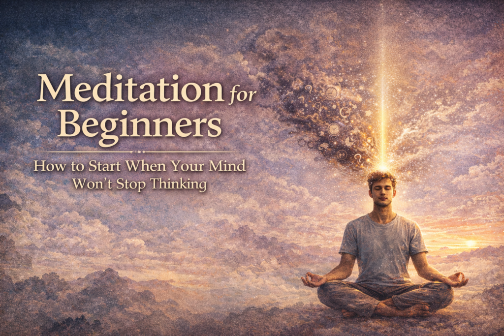Meditation for beginners illustration showing a person meditating peacefully as chaotic thoughts dissolve into light in the sky.