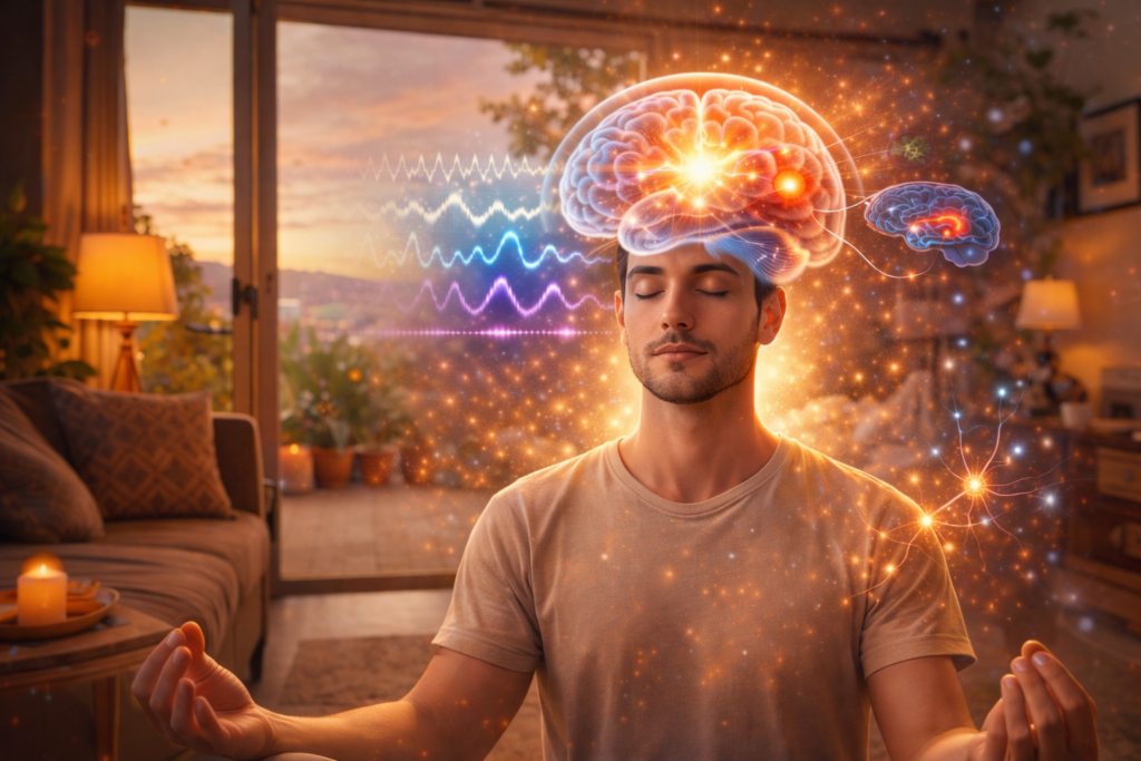 Male practicing meditation at home showing what happens in the brain during meditation with glowing neural activity