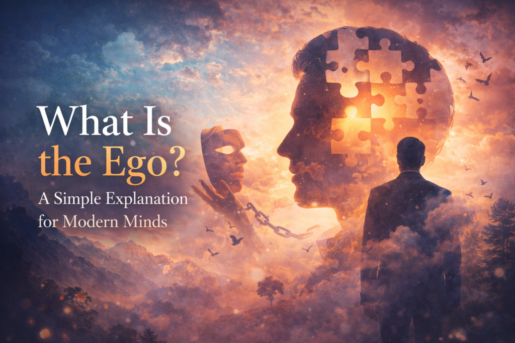 Illustration representing what is the ego with symbolic mask, puzzle face, and human silhouette under a dramatic sky