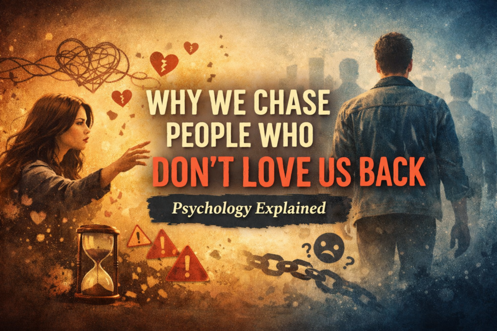 illustration showing emotional distance where one person walks away while another reaches out symbolizing chasing unavailable love